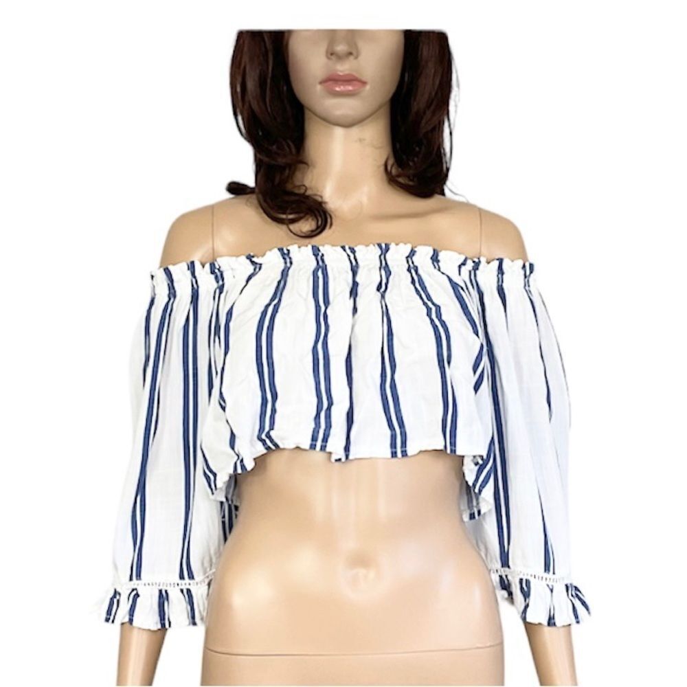 Body Glove white blue striped off shoulder viscose girly boho crop top M